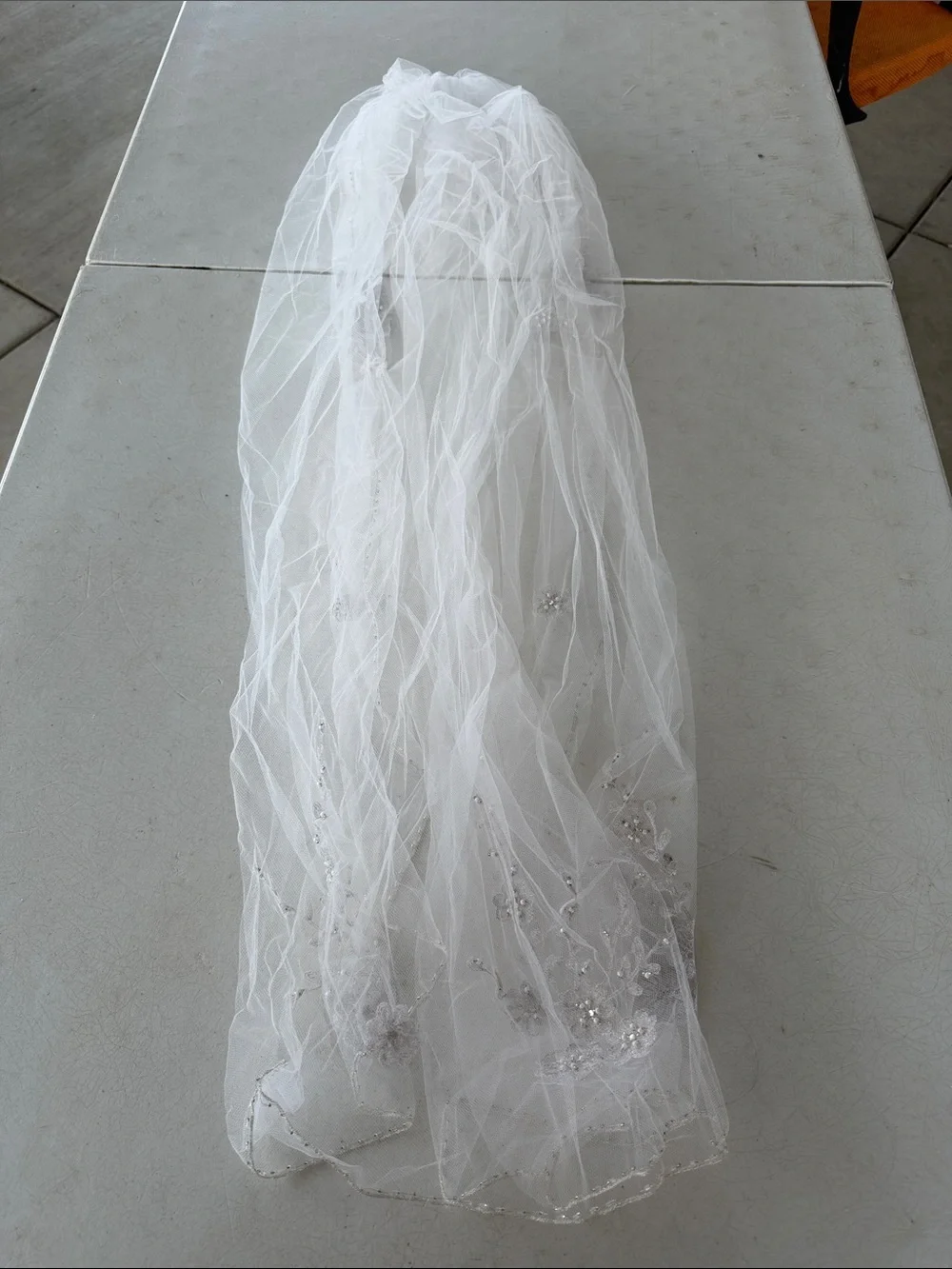 White Bridal Veil with Beaded Floral Appliqués